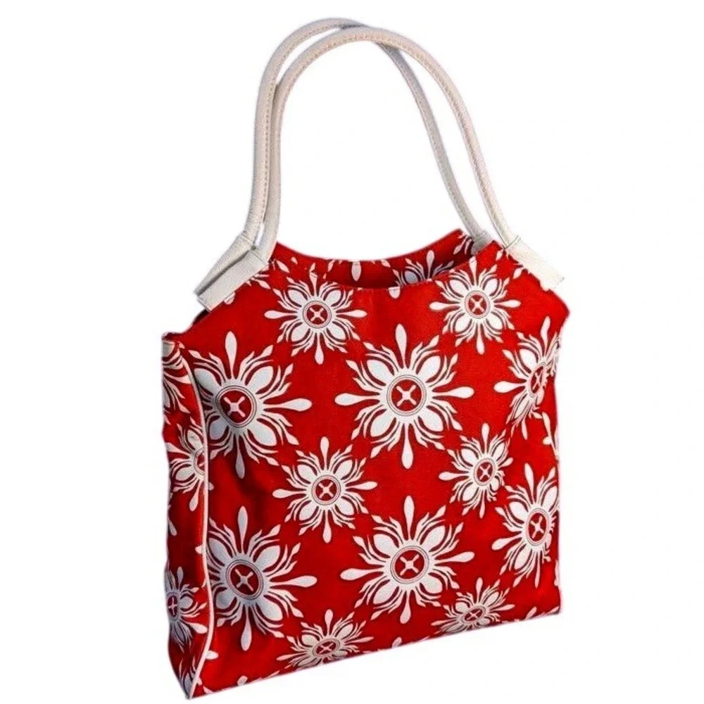 NWOT ~ Lancome Cherry Red & White Sunburst Floral Canvas Tote Bag ~ Beach Summer